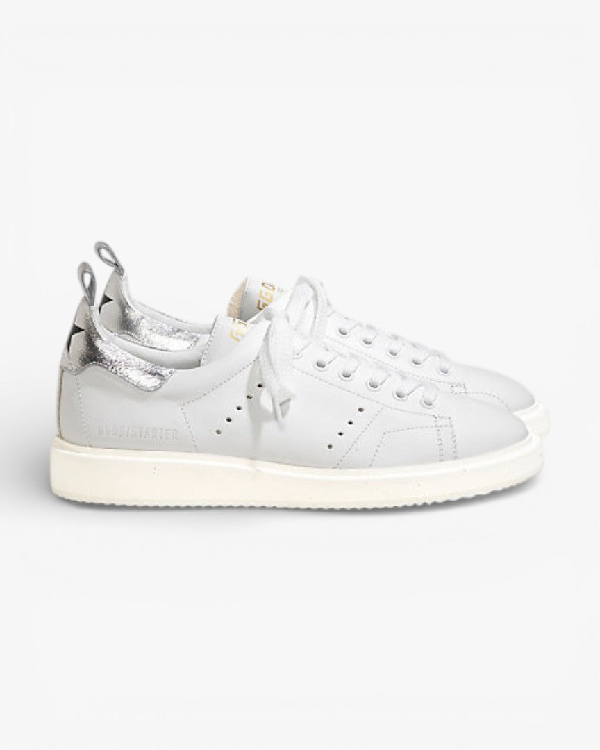 Golden Goose White Calf Leather Starter Sneakers with Silver Accents