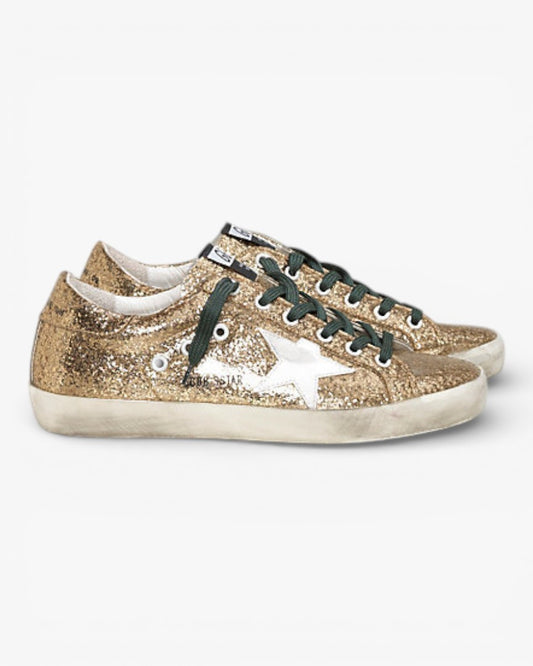 Golden Goose Super‑Star Sneakers Gold Glitter Emerald Leather